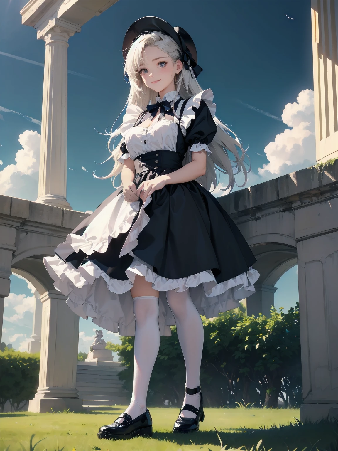 ((Very fine, Very fine CG Unity 8k Wallpaper, High Resolution, Absurd, Beautiful fine details, Very fine hair)), ((Masterpiece)), Outdoors, Sky, Clouds, Grass, ((Beautiful fine details)), Fashionable, One Girl, A  smiling under the stars, a ddler wearing a maid hat with ruby accessories, she is wearing a white and black gothic maid dress with navy blue ribbon. Black stockings, black shoes, cute, super cute toler maid