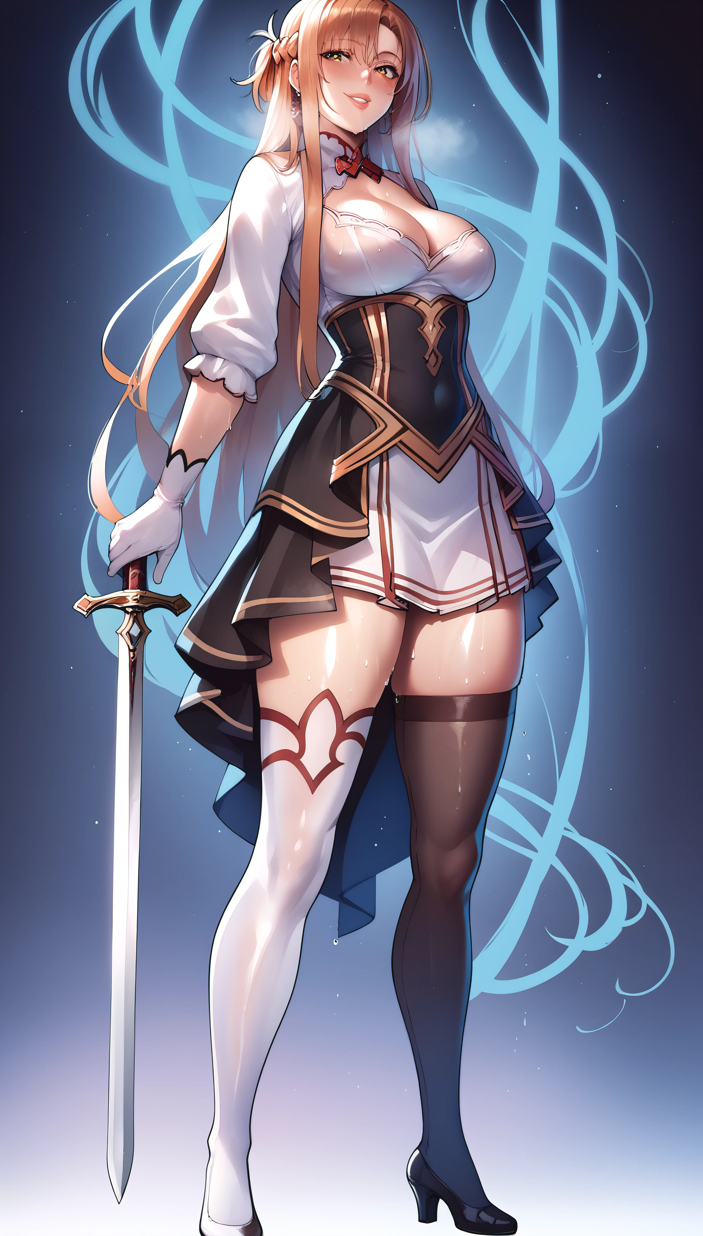 score_9, score_8_up, score_7_up, score_6_up, uncensored, Yuuki Asuna, absurdly long hair, orange eyes, orange hair, very long hair, horny face, blush face, lips, naughty face, shiny skin, sweating, wet, wet hair, steaming body, saliva, heavy breathing, large breasts, detailed body, detailed eyes, 1girl, weapon, sword, thighhighs, solo, full_body, standing, dress, holding_weapon, gloves, holding, short_dress, looking_at_viewer, earrings, cleavage, white_legwear,