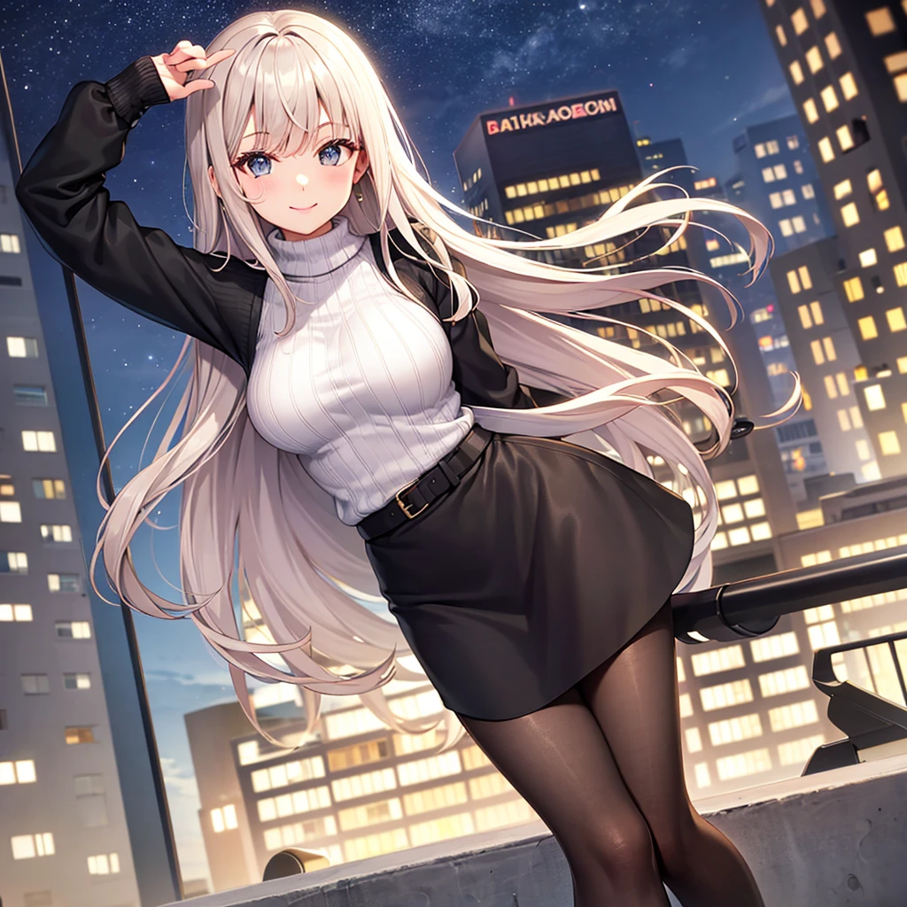 Knitted sweater,skirt,black tights,smile,Night in the city