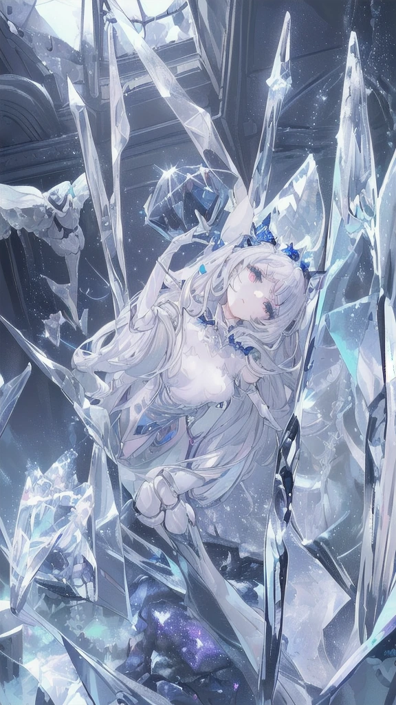 ((((Maestra of Starlight, Unrivaled Ephemeral Grace, Ultrahigh Resolution)))), 1girl, serene, sitting, ((((doll waist, segmented arms, ((doll joints:2.5, action figure limbs:2, segmented body))), [synthetic body], (segmented waist), long, silver hair, transparent wings, pale skin, (piercing blue eyes), glowing eyes, (ultra detailed eyes:0.9, detailed face, detailed eyes:0.8), ((centered)), (close-up), side view, (((indoor, crystal-lit chamber, star-filled background))), medium breasts, gazing at starlit sky, following gestures with right hand, luminous eyes, magical, night scene, ethereal, (head tilt), (mystical), ((soft lighting))