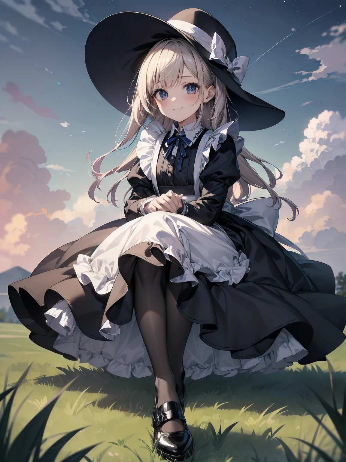 ((Very fine, Very fine CG Unity 8k Wallpaper, High Resolution, Absurd, Beautiful fine details, Very fine hair)), ((Masterpiece)), Outdoors, Sky, Clouds, Grass, ((Beautiful fine details)), Fashionable, One Girl, A  smiling under the stars, a ddler wearing a maid hat with ruby accessories, she is wearing a white and black gothic maid dress with navy blue ribbon. Black stockings, black shoes, cute, super cute toler maid