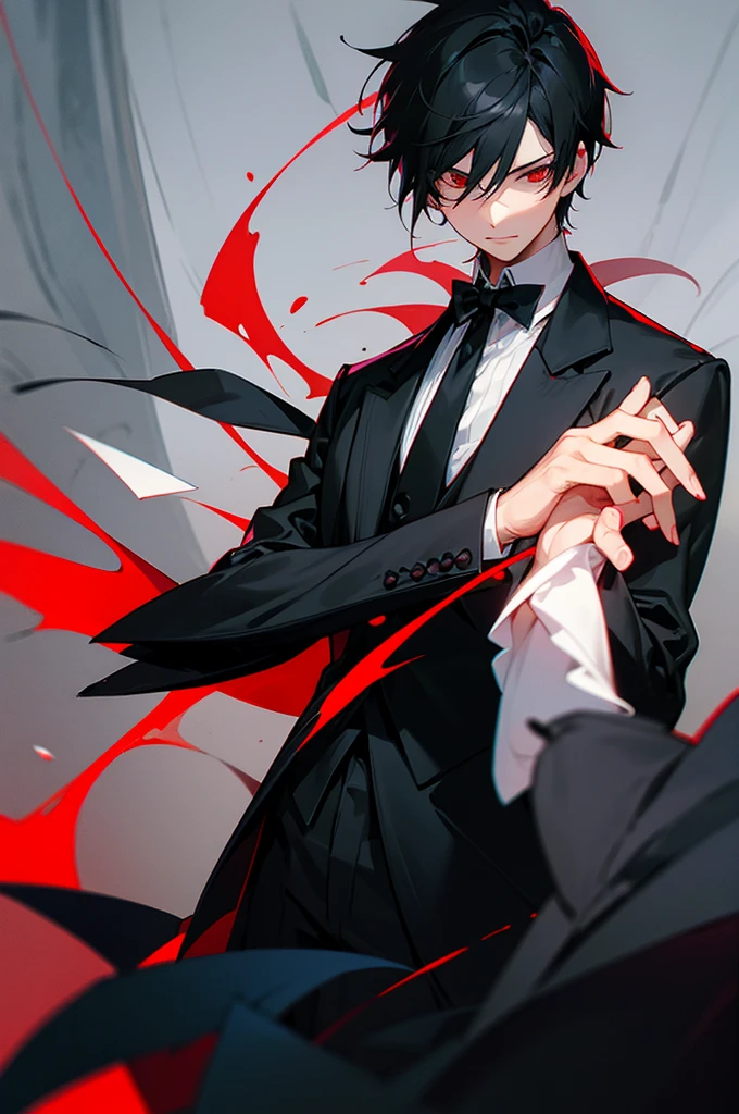 black hair, red eyes, boy, butler