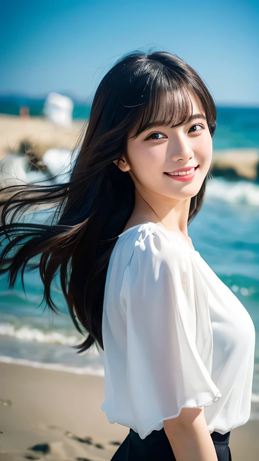 (Highest quality,masterpiece:1.3,Ultra-high resolution),(Very detailed,Caustics,8K),(Realistic:1.4,RAW shooting),[roller:Shiita Keai:0.5],Japanese,28 years old,cute,(I'm looking at the camera with a smile on my face),(Black hair fluttering in the wind:1.1),Mid-length hair,Natural Makeup,(big ),White blouse,(Bust up shot),(Front view),The sea shines as it reflects the sunlight.,Soft Light,Natural light,Professional Writing