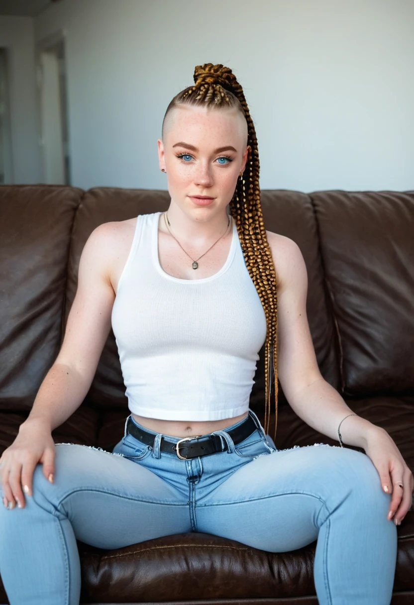 Muscular college girl with large breast and a large butt, blue eyes, pale skin, freckles and a nose piercing with cornrow braids and both sides of her head shaved sitting on a couch leaning back with her legs spread wearing baggy jeans and a white tank top