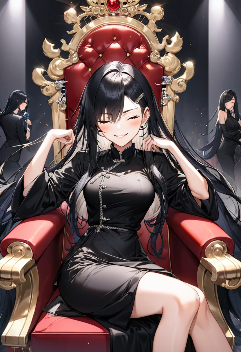 Chinese、Long black hair、Mafia Female Boss、Both eyes closed、Black Chinese clothing、30th Generation、sexy、glamorous、Sitting on the throne、Smiling、One person
