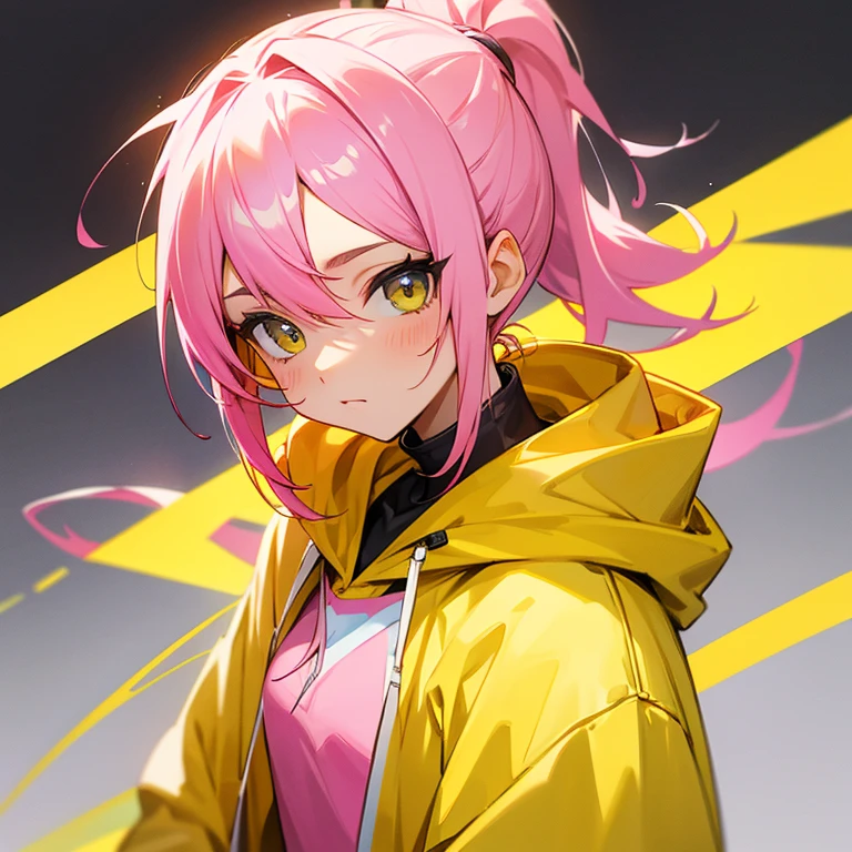Pink yellow hair,Raised ponytail,Yellow hoodie ,Kind girl