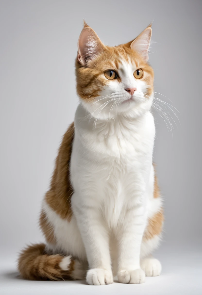 a short-haired cat with brown and white fur standing upright on its hind legs facing forward, in a pure white environment, (best quality,4k,8k,highres,masterpiece:1.2),ultra-detailed,(realistic,photorealistic,photo-realistic:1.37),finely detailed cat fur,highly detailed cat face,extremely detailed eyes and face,cat looking directly at viewer,cat standing upright,pure white background,natural lighting,cinematic lighting,vibrant colors