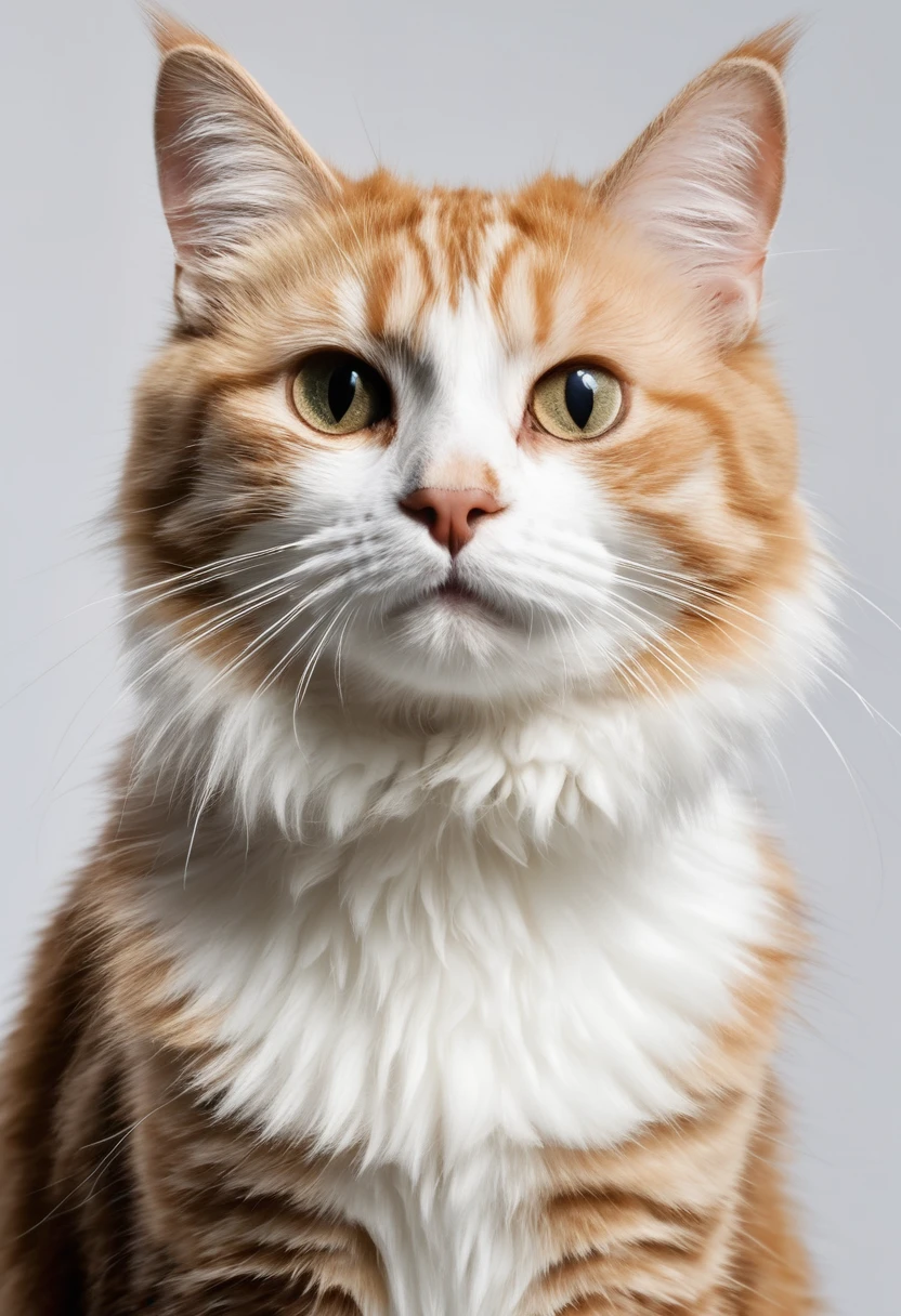 a short-haired cat with brown and white fur standing upright on its hind legs facing forward, in a pure white environment, (best quality,4k,8k,highres,masterpiece:1.2),ultra-detailed,(realistic,photorealistic,photo-realistic:1.37),finely detailed cat fur,highly detailed cat face,extremely detailed eyes and face,cat looking directly at viewer,cat standing upright,pure white background,natural lighting,cinematic lighting,vibrant colors