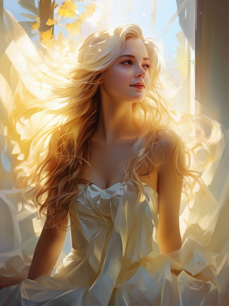 1 Girl, Blonde, Long Hair, alone, magic, Strapless White Dress, Sunlight on hair