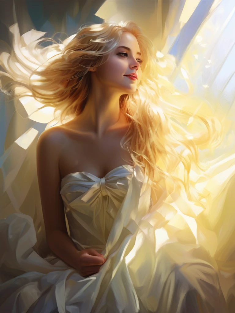 1 Girl, Blonde, Long Hair, alone, magic, Strapless White Dress, Sunlight on hair