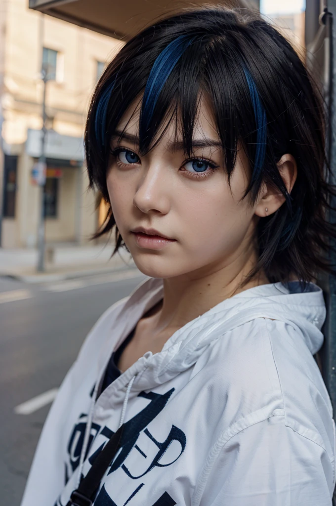 Anime boy, the color of pupil Eyes is Amber, Hair the color is Dark blue