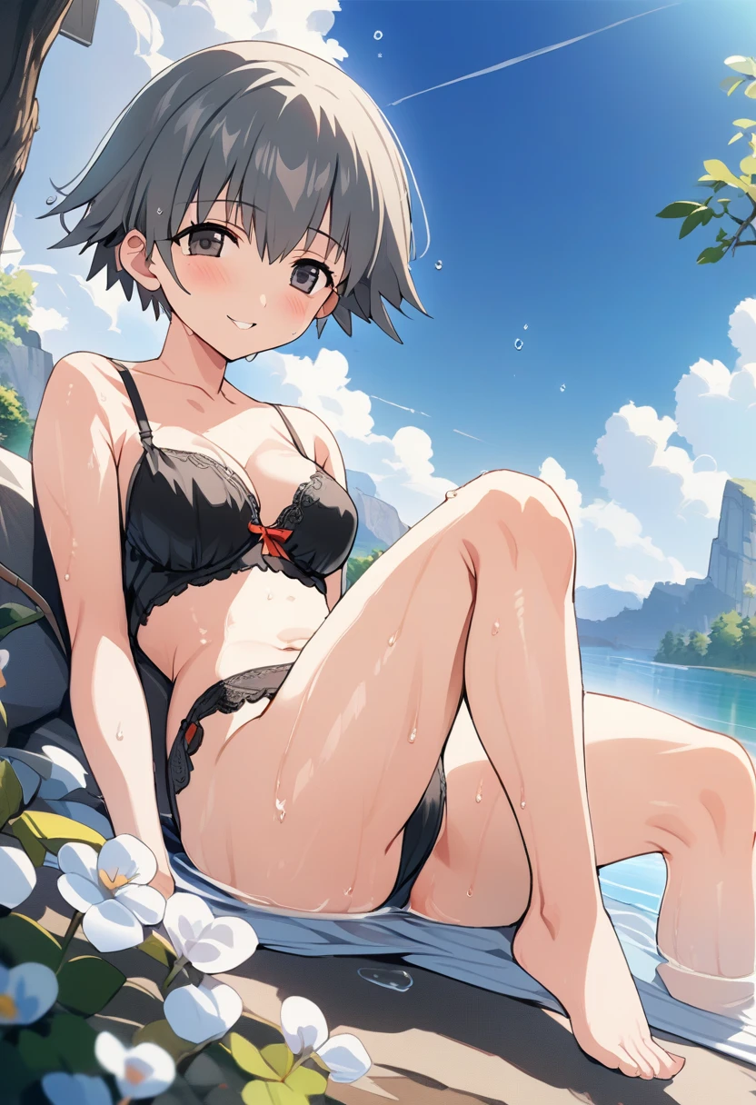 One girl,((Nozomi)),smile、Gentle expression、Welcome、The whole body is shown、Sexy pose、lake、blue sky、Sexy underwear、Her underwear is visible、Soaking wet、Sitting、Leg spread、from below,A complete depiction of the human body,masterpiece, Highest quality, Game CG, ultra detailed、highres、extremely detailed CG