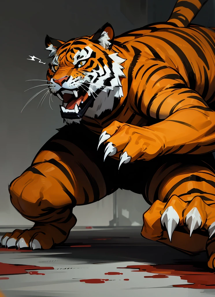 Big orange royal tiger, scarry, blood big claw, hunger, frozen blackground, stronger, animal, stand on to legs, big, old