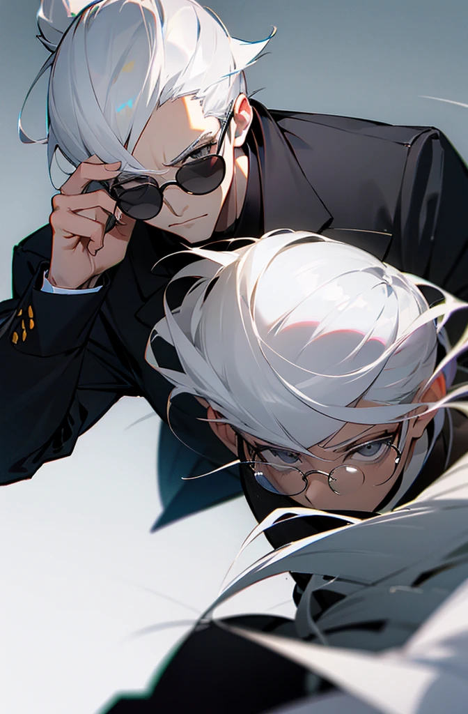 White ponytail, gray eyes, dark glasses, a man&#39;s suit, a smiley face.