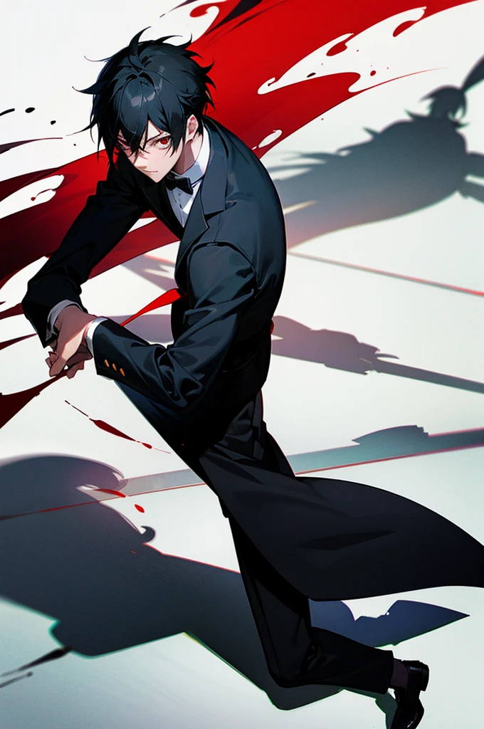 black hair, red eyes, boy, butler, back, shadow