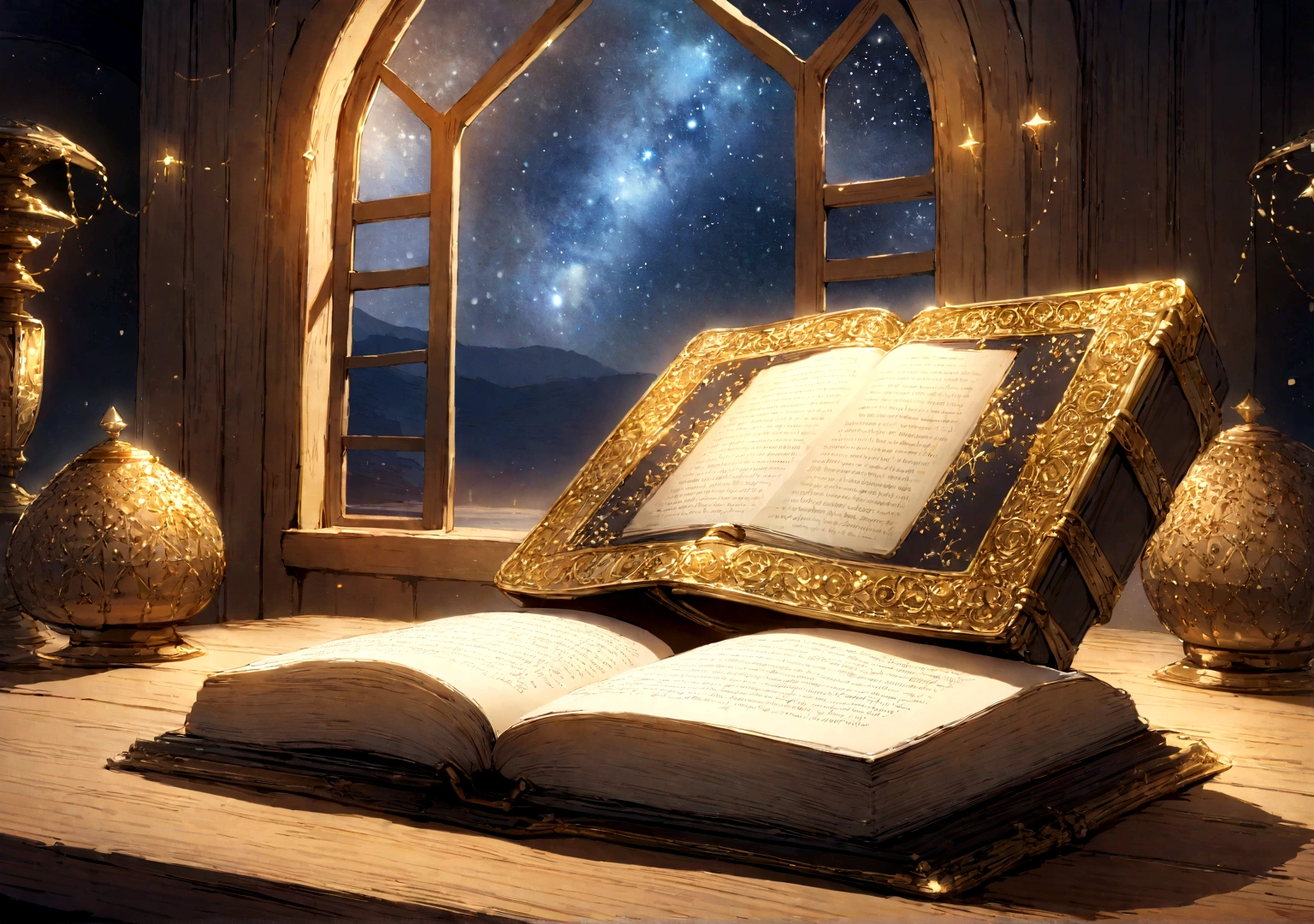 THE HOLY BIBLE, Beautiful, Page open, cover with gold details, on a wooden table, In the background, beautiful window with starry night sky. lots of details, better quality, masterpiece, glowing