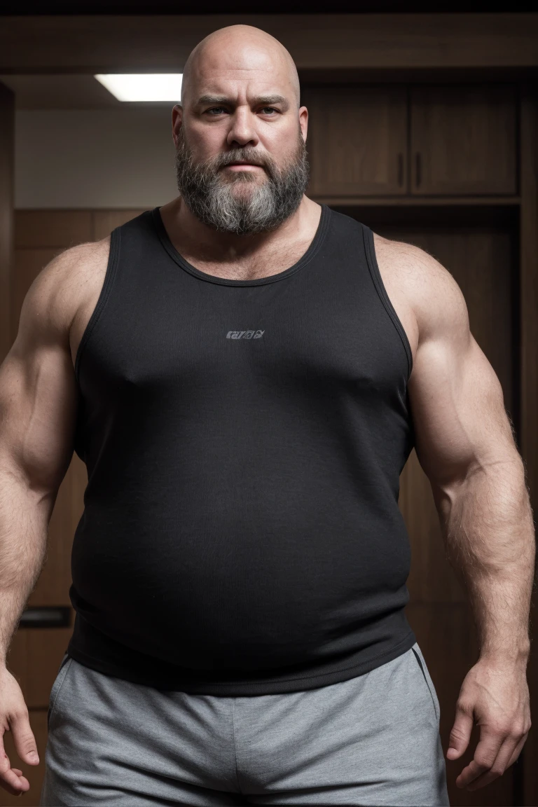 8K resolution very realistic An award-winning original photo，8K Very Realistic Accurate Bearded Big Bald Middle Aged Manly Chubby Fat Muscular Beefy Burly big belly hairy daddy bear man,( wearing an accurate shorts ),( wearing an accurate Black Singlet Cotton Vests Training Tank Top ),( 8K Very realistic Accurate shoulders), 8K very realistic accurate detailed shoulders, 8K Very Realistic Accurately detailed bearded big bald middle aged daddy bear big belly chubby muscular manly burly beefy hairy daddy bear man, 8K very realistic accurate beard, 8K very realistic accurate detailed beard, 8K very realistic accurate body hair, 8K very realistic accurate detailed body hair, 8K very realistic accurate mens clothing,8K very realistic accurate detailed mens clothing,( 8K Realistic Detailed face:1.3),8K very realistic accurate arms,8K very realistic accurate detailed arms, 8K very realistic accurate hands, 8K very realistic accurate detailed hands, 8K very realistic accurate elbows, 8K very realistic accurate fingers, 8K very realistic accurate detailed fingers, 8K very realistic accurate wrist, 8K very realistic accurate chest, 8K very realistic accurate burly belly, 8K very realistic accurate detailed burly belly, very realistic accurate detailed chest, 8K very realistic accurate pecs, 8K very realistic accurate pecs, 8K very realistic accurate thick neck, 8K very realistic accurate neck, 8K very realistic accurate detailed neck, 8K very realistic accurate detailed neck lines,8K very realistic accurate lips,8K very realistic accurate lips,8K very realistic accurate eyes,8K very realistic accurate detailed eyes, 8K very realistic accurate big burly body, 8K very realistic accurate detailed big burly body, volumetric lighting,( 8K Very High Best quality,8K A Very high resolution, 8K Very Photorealistic),8K very realistic accurate Intricate details,very accurate daddy bear photoshoot, 8k High hdr,8K Very Realistic upper body shot, 8k very realistic detailed upper body shot