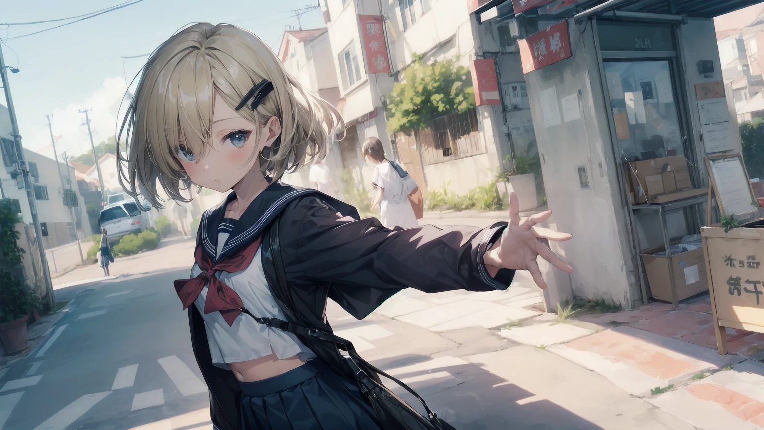Highest quality, Anime Moe Art Style,Best Anime 8K Konachan Wallpaper,pixiv contest winners,Perfect Anatomy, (Please draw a girl walking sleepily to school.... ),break, 1 Girl, (alone,,,13 years old:1.3),high school student, short hair, amount, (Hair above one eye:1.7),All limbs, Full Finger,Medium Chest, Between the legs, Small eyes,accurate black eyes, Hair Clip, (Sailor suit:1.5),(school uniform:1.5) skirt,On the way to school. break,Very detailed,High resolution,ultra high density skin, Professional Lighting,8K eye detail, (Cute illustrations:1.2),blonde，blonde hair，Expressionless，(Hair on one eye:1.5)，Sailor suit