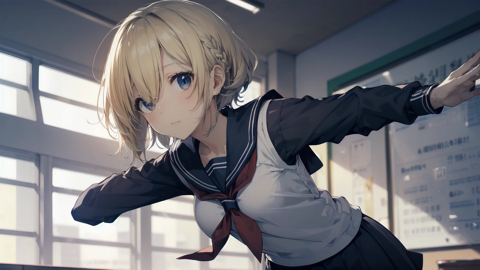 Highest quality, Anime Moe Art Style,Best Anime 8K Konachan Wallpaper,pixiv contest winners,Perfect Anatomy, (Please draw a girl walking sleepily to school.... ),break, 1 Girl, (alone,,,:1.3),high school student, short hair, amount, (Hair above one eye:1.7),All limbs, Full Finger,Medium Chest, Between the legs, Small eyes,accurate black eyes, Hair Clip, (Sailor suit:1.5),(school uniform:1.5) skirt,On the way to school. break,Very detailed,High resolution,ultra high density skin, Professional Lighting,8K eye detail, (Cute illustrations:1.2),blonde，blonde hair，Expressionless，(Hair on one eye:1.5)，Sailor suit
