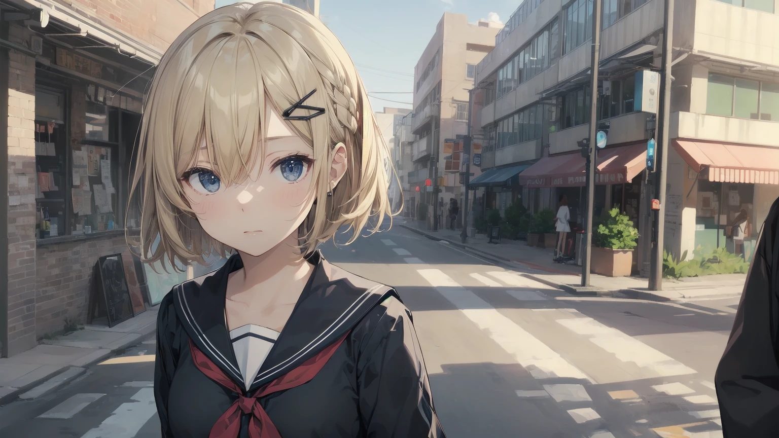 Highest quality, Anime Moe Art Style,Best Anime 8K Konachan Wallpaper,pixiv contest winners,Perfect Anatomy, (Please draw a girl walking sleepily to school.... ),break, 1 Girl, (alone,,,13 years old:1.3),high school student, short hair, amount, (Hair above one eye:1.7),All limbs, Full Finger,Medium Chest, Between the legs, Small eyes,accurate black eyes, Hair Clip, (Sailor suit:1.5),(school uniform:1.5) skirt,On the way to school. break,Very detailed,High resolution,ultra high density skin, Professional Lighting,8K eye detail, (Cute illustrations:1.2),blonde，blonde hair，Expressionless，(Hair on one eye:1.5)，Sailor suit