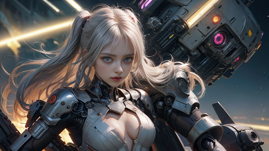 white hair、Silver hair with pink gradients、long fluttering hair、strong breeze、Orange Eyes、radiant eyes、Evangelion Girl、small tit、Breasts are small and B size、The face and chest are alive、Cleavage is visible。photoRealstic、portfolio、Evangelion-style metal mecha suit、an oppai cyberpunk、Gothloli detailetalic、detailed mechanical components、Bundle of thin tubeetal cylinder、Detailed neon、Fine LED、Top quality microcomponents、Delicate orange and black suit wrapped in machine、A large mechanical weapon protecting her in the background、Hair that flutters in the wind、full body