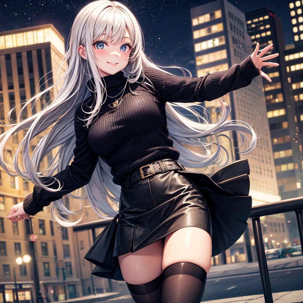 Knitted sweater,skirt,black tights,smile,Night in the city