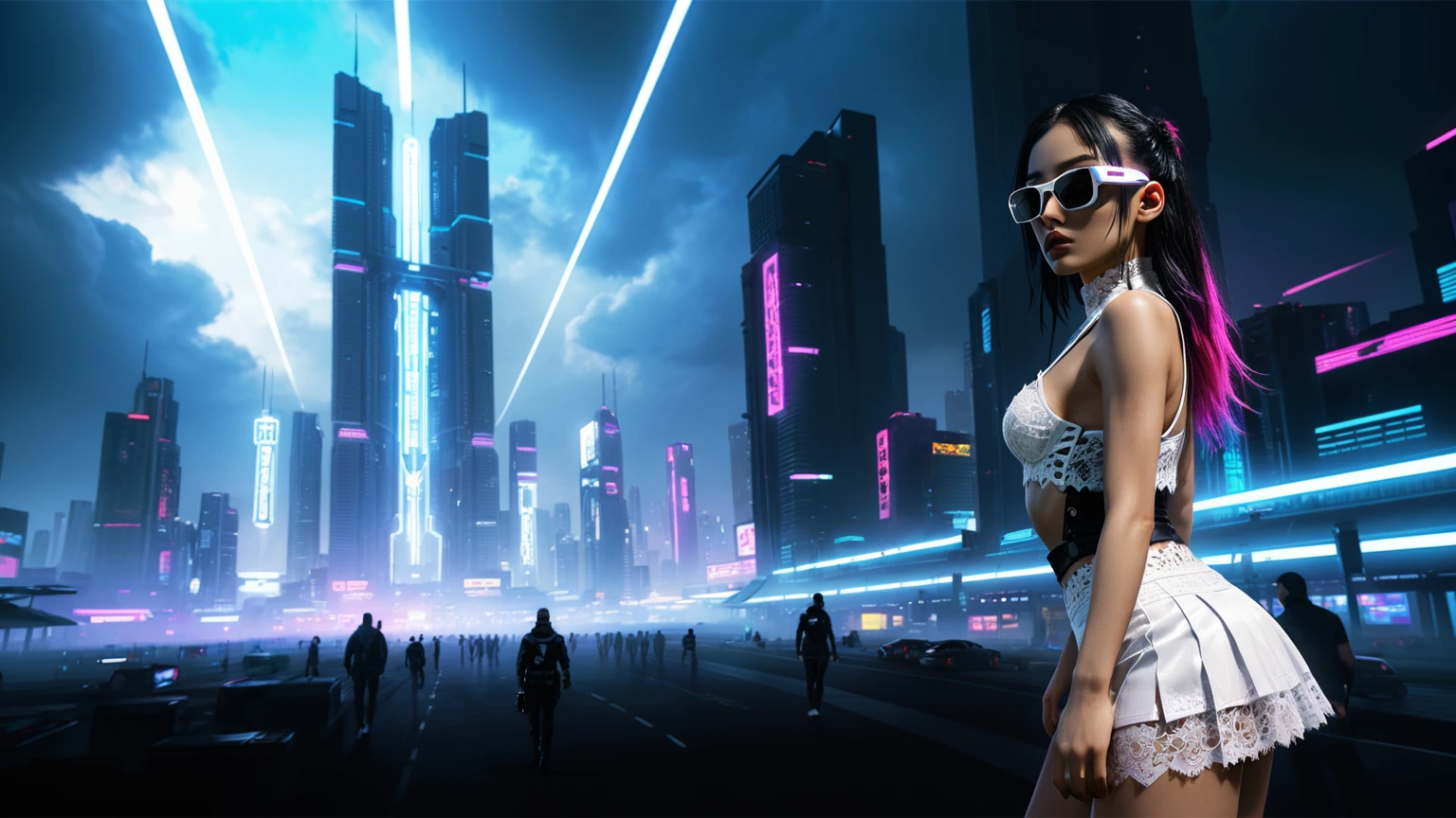 (((1woman, solo))), rainbow light, 3d neon art of a woman's body, cyberpunk femme fatale, seductive cyberpunk dark fantasy, cyberpunk 20 y. o large-breast:1.4 model girl, (((with black miniskirt and white lace panty, with matrix style black micro sunglasses, long hair))), oppai cyberpunk, banner, high definition cgsociety, cgsociety masterpiece, trending on cgstation, kda, (((((aerial view))))) image of neon-noir cyberpunk city in the background.