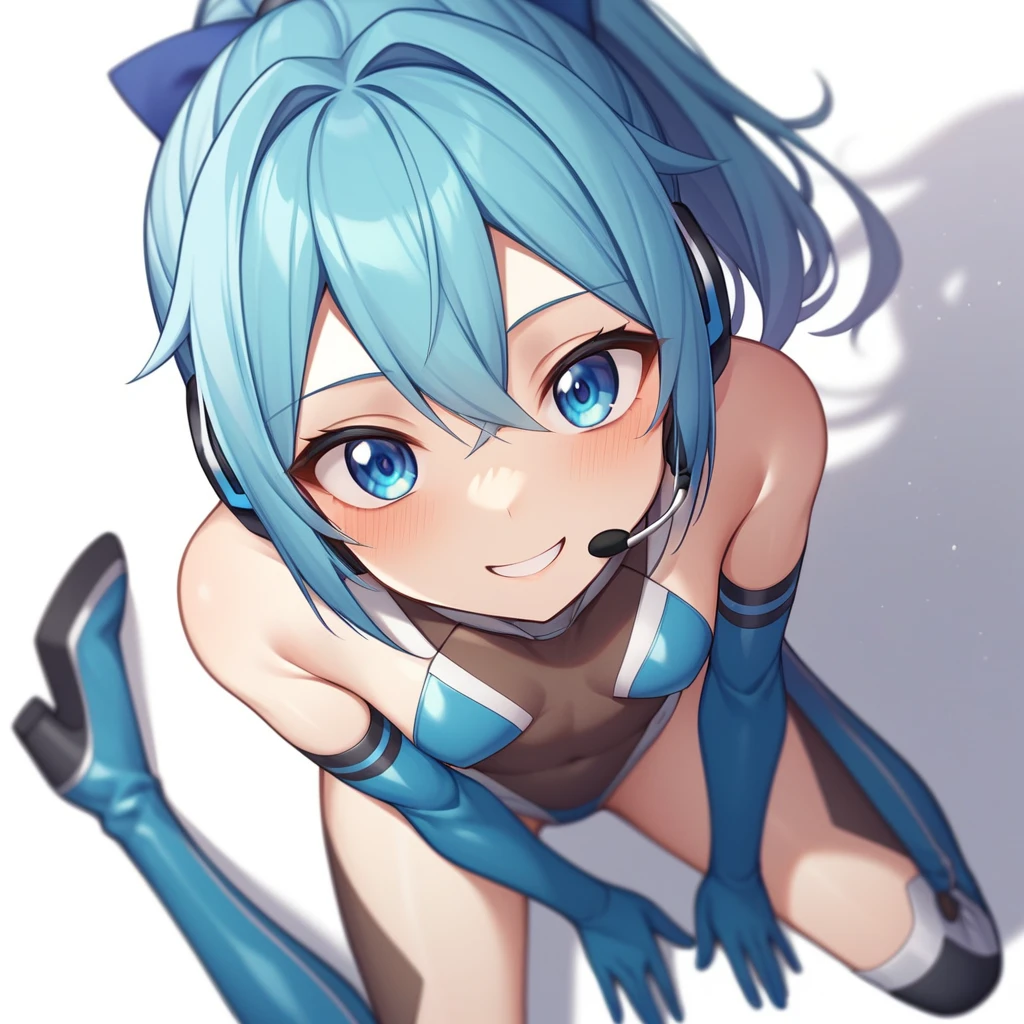 (masterpiece、Highest quality、Highest Resolution、Clear_image、Detailed details、The angle is from above): (A full-body view of a single girl with a Japanese face and small face、Navy blue high knot ponytail、Small breasts、Sparkling blue eyes、Pilot suit in white and navy blue colors、Tight fitting clothes、Clothing that covers the whole body、Tight Fit Pants、Hide your skin、Covering the thighs、Cover your shoulders、Very delicate and beautiful、Slim body、Cute、A gentle smile、Soft expression、heroine、headset、Knee-high boots、Elbow-length gloves)、(Simple Background、White background:1.5)