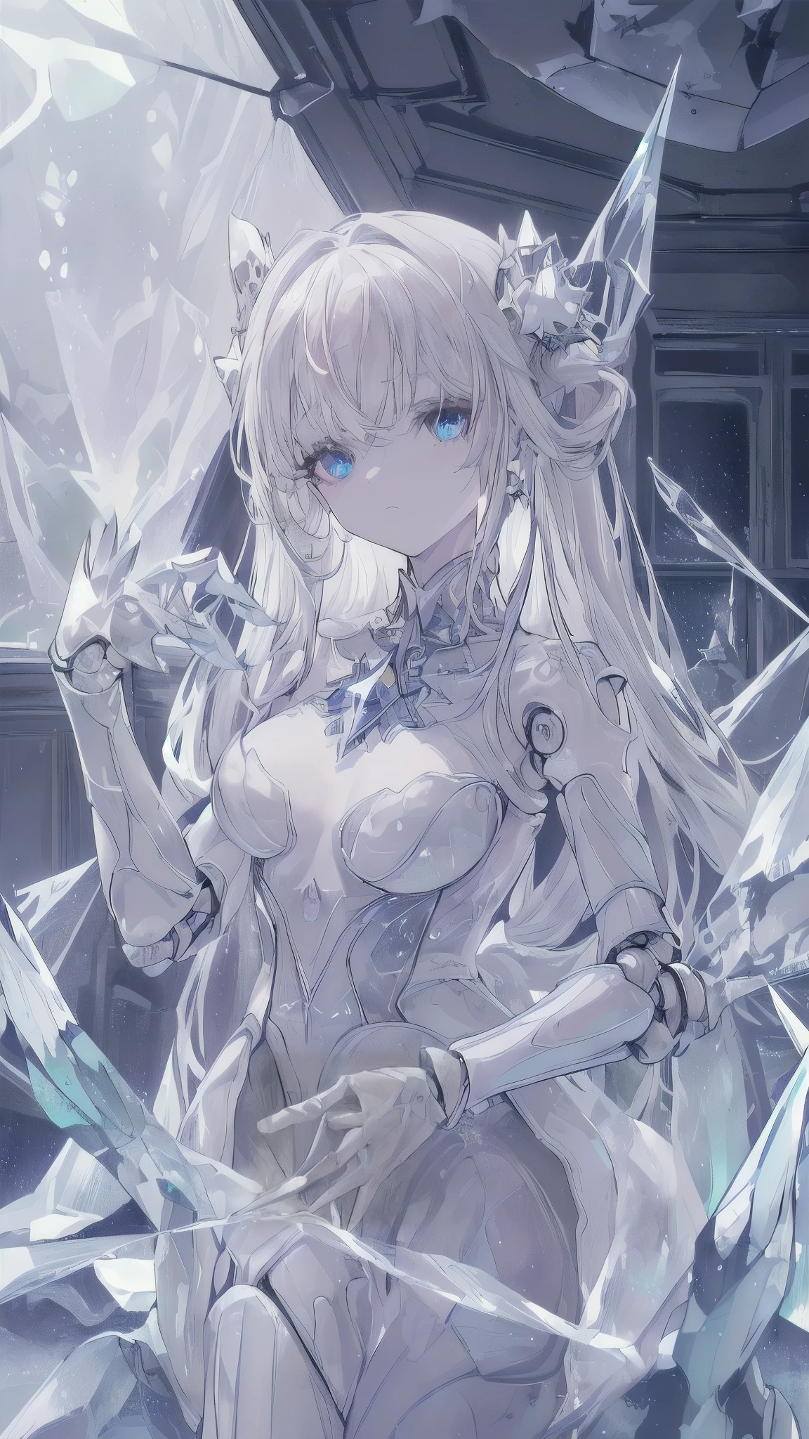 ((((Maestra of Starlight, Unrivaled Ephemeral Grace, Ultrahigh Resolution)))), 1girl, serene, sitting, ((((doll waist, segmented arms, ((doll joints:2.5, action figure limbs:2, segmented body))), [synthetic body], (segmented waist), long, silver hair, transparent wings, pale skin, (piercing blue eyes), glowing eyes, (ultra detailed eyes:0.9, detailed face, detailed eyes:0.8), ((centered)), (close-up), side view, (((indoor, crystal-lit chamber, star-filled background))), medium , gazing at starlit sky, following gestures with right hand, luminous eyes, magical, night scene, ethereal, (head tilt), (mystical), ((soft lighting))
