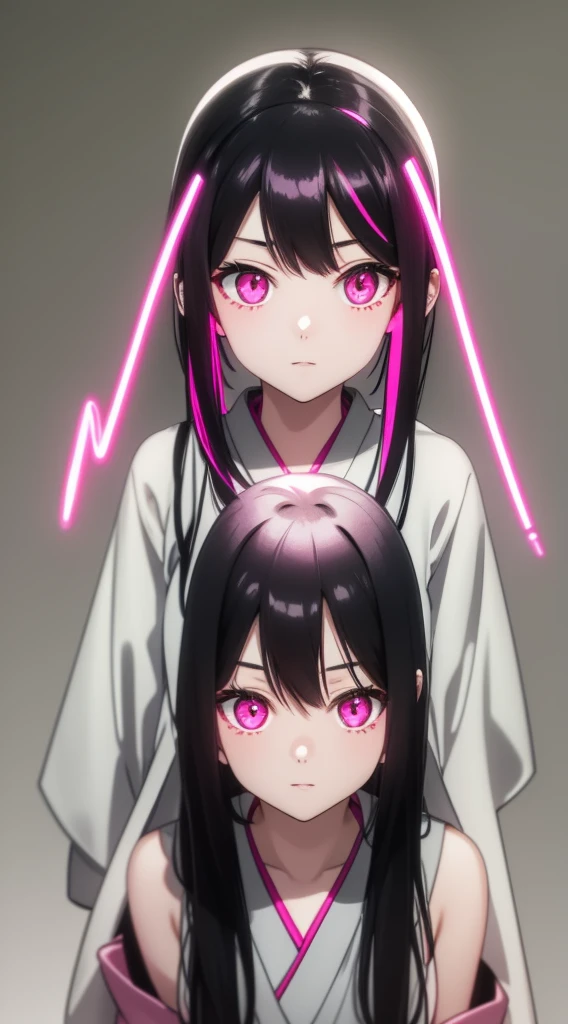 A white Japanese woman with neon pink eyes, Channel black hair and a single pink streak in her hair, she is too naked