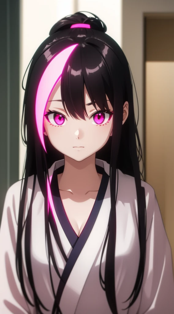 A white Japanese woman with neon pink eyes, Channel black hair and a single pink streak in her hair, she is too naked