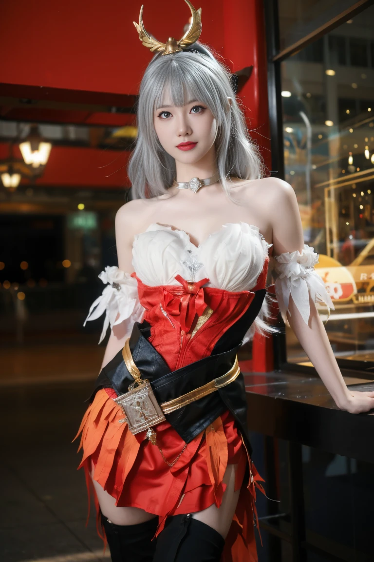 best quality, tmasterpiece,Ultra-high resolution,Clear face,(Reality:1.4),ferpect lighting,(upper body shot:1.5), (photorealistic:1.50), anime wallpaper, Guviz style artwork, cover-up fantasy up to magic , by Yang J, Guviz, beautiful artwork illustration, beautiful digital artwork, beautiful digital illustration, Li Song, beautiful anime portrait, art style in Beauvot, 1girl, 独奏, looking at viewer, smile, standing, Arms behind back , cosplay costume, cosplay, silver hair, very long hair, hair ornament, jewelry, Earring, shirt, corset, skirt, plaid skirt, detached collar, detached sleeves, arm warmers, bowtie, bow, horns, o-ring, chain, thigh strap, hair ribbon, hair bow, thighhighs, torn thighhighs, knee boots, belt boots, platform boots, garden background, indoor,