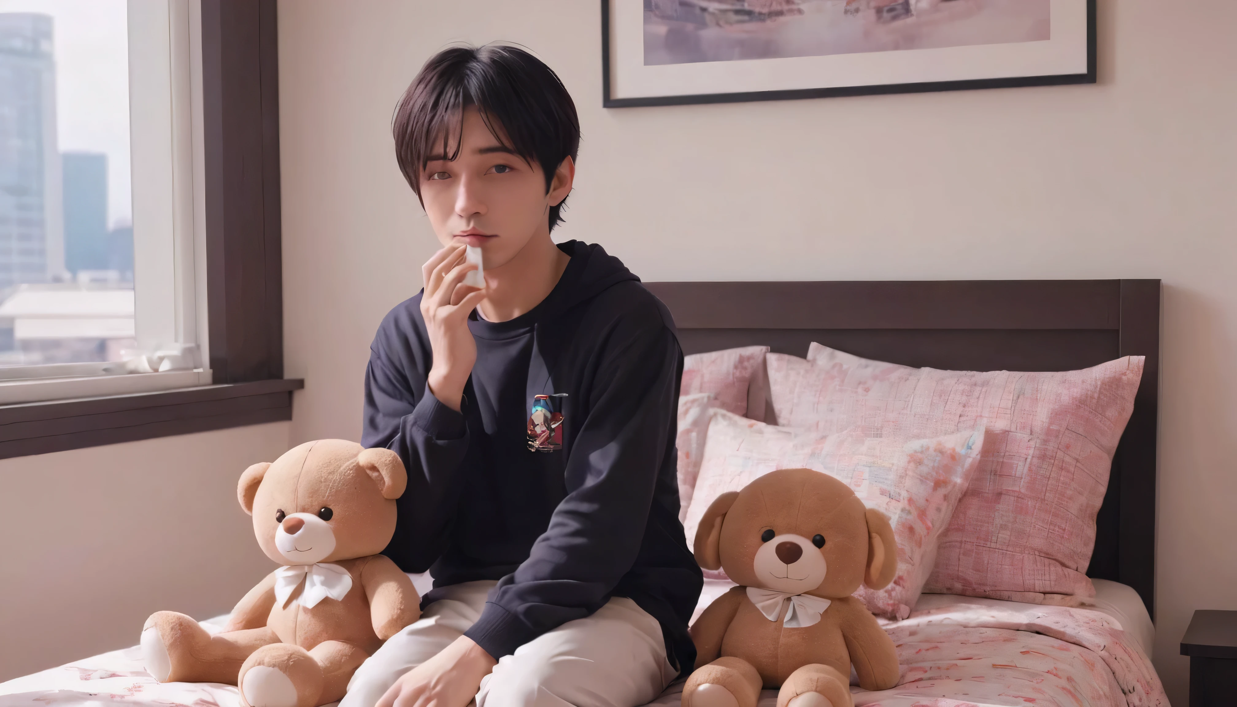 A man in his fifties sitting on his bed with a stuffed toy, Low quality video, Brady of the Drain Gang, 1. The thin face of a 7-year-old boy, Grainy image, Tommy 1 6 years old, Instagram Stories, Tawan Duchanee, Low quality video, Taehyung eating Gucci fries, Giga Chad is crying, Luan Cute Vtuber