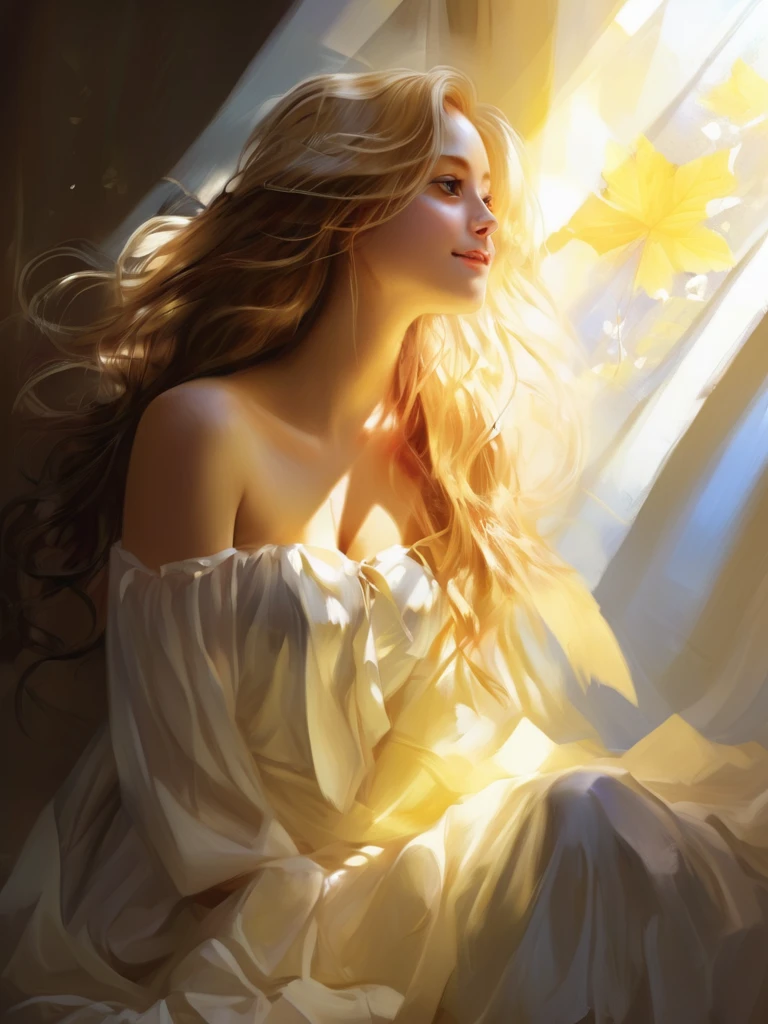 1 Girl, Blonde, Long Hair, alone, magic, Strapless White Dress, Sunlight on hair、Hopeful Face、