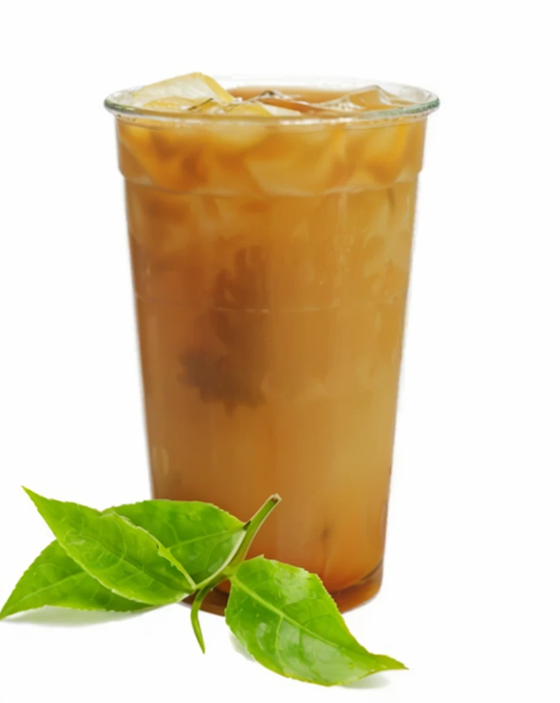 there is a plastic cup of iced tea with a leaf on the side, iced tea, iced tea plastic cup, trapped in tall iced tea plastic cup, tall iced tea plastic cup, ice coffee, vanilla, caramel, jaya su berg, colored milk tea, cold brew coffee ), refreshing, green tea, professional, tea, jamaica, (light orange mist), professionally designed, tan, warm