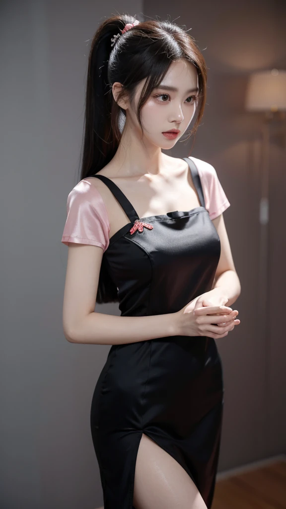 korean model , slim body , medium breasts, 167cm ,Movie Angle,long black ponytails hairstyle, (Cute girl,anatomy correct, light pink silk chinese qipao with short sleeves,( art,geomerty),(plethora of colorest quality,high detail,tmasterpiece,Cinematic lighting effects,4K,Chiaroscuro , standing with a hankerchief, Chinese Mansion)