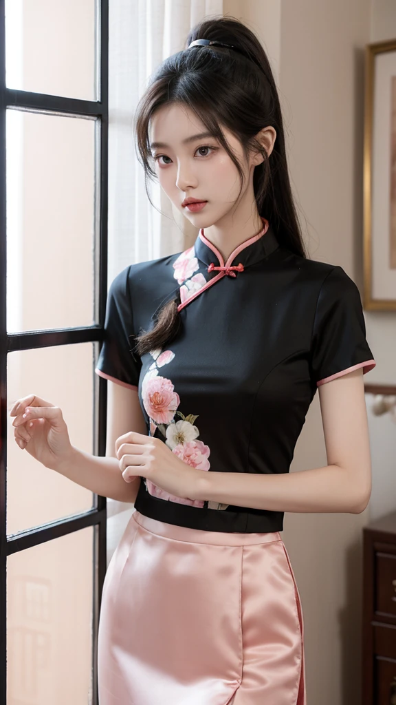 korean model , slim body , medium breasts, 167cm ，Movie Angle，long black ponytails hairstyle, （Cute girl，anatomy correct, light pink silk chinese qipao with short sleeves，（ art，geomerty），（plethora of colorest quality，high detail，tmasterpiece，Cinematic lighting effects，4K，Chiaroscuro , standing with a hankerchief, Chinese Mansion)