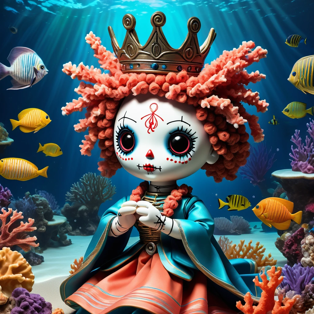 (knitted toy voodoo doll:1.7), (Voodoo Ocean Sage:1.3), (Clothing: flowing blue robes with wave patterns, seaweed sash:1.0), (Accessories: trident staff, seashell amulet, coral crown:1.2), (background: serene underwater city with glowing corals and schools of fish, shafts of sunlight piercing through the water:1.2),  best quality, masterpiece, detailed soft oil painting, detailed background, dramatic cinematic lighting, soft edge lighting, professional, dramatic lighting, hard edge lighting, ultra quality, 4k,masterpiece, best quality, 8k, ultra highres, highres, extremely detailed