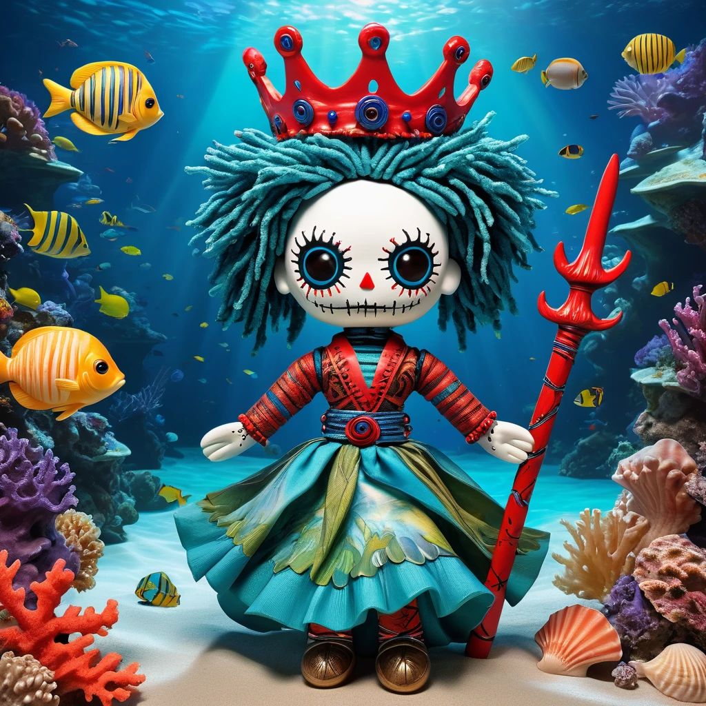 (knitted toy voodoo doll:1.7), (Voodoo Ocean Sage:1.3), (Clothing: flowing blue robes with wave patterns, seaweed sash:1.0), (Accessories: trident staff, seashell amulet, coral crown:1.2), (background: serene underwater city with glowing corals and schools of fish, shafts of sunlight piercing through the water:1.2), best quality, masterpiece, detailed soft oil painting, detailed background, dramatic cinematic lighting, soft edge lighting, professional, dramatic lighting, hard edge lighting, ultra quality, 4k,masterpiece, best quality, 8k, ultra highres, highres, extremely detailed