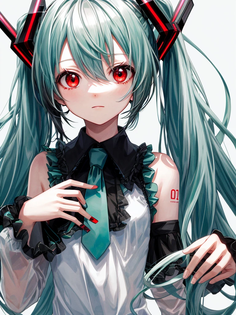 hatsune miku, red eyes, black hair, white hair