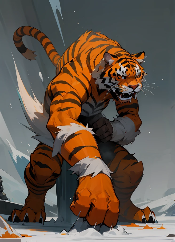 Big orange royal tiger, scarry, blood big claw, hunger, frozen blackground, stronger, animal, stand on to legs, big, old,snow cloth