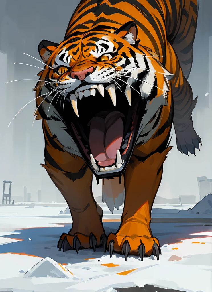 Big orange royal tiger, scarry, blood big claw, hunger, frozen blackground, stronger, animal, stand on to legs, big, old,snow cloth