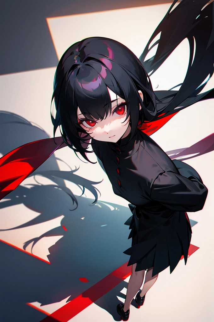 black hair, red eyes, girl, butler, back, shadow