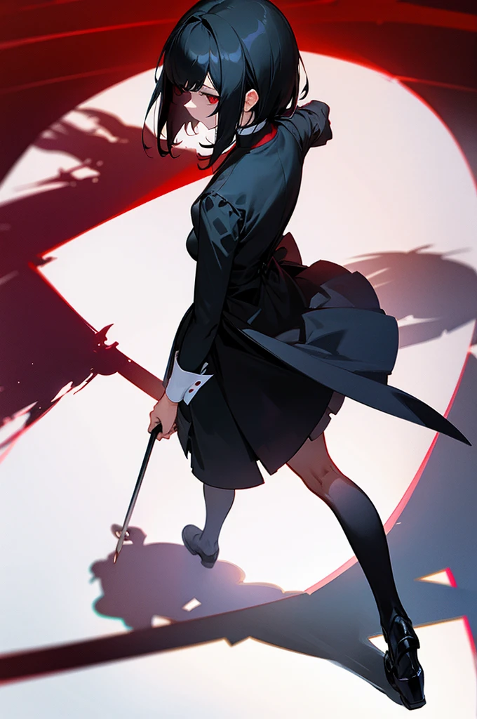 black hair, red eyes, girl, butler, back, shadow