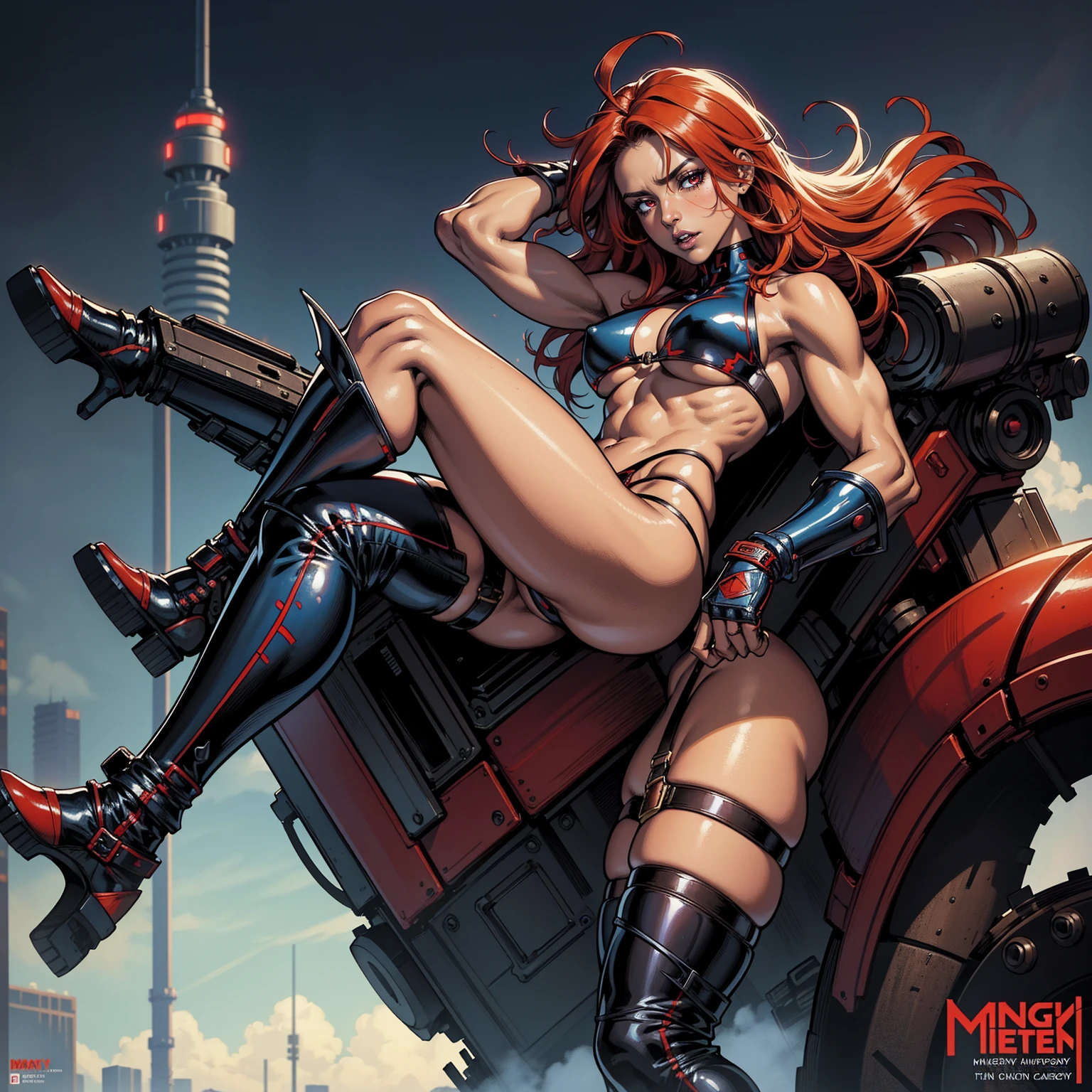 Masterpiece, Ultra extremely detailed, Insanely Definition - quality, 8k, (vibrant colors,vibrant theme), (intricate), full body , NSFW dark skin, African woman, freckless on face, dark toned skin, huge breast, gigantic ass, red eyes, red hair, purple lips, abs, Perfect ass , A muscular warrior woman almost naked in the Simon Bisley style for the cover of Heavy Metal magazine, bare thighs, tiny thong, garter belt, Minimal clothing, red carbon fiber cyberpunk outfit with small blue and white details, black clothing , tiny red thong