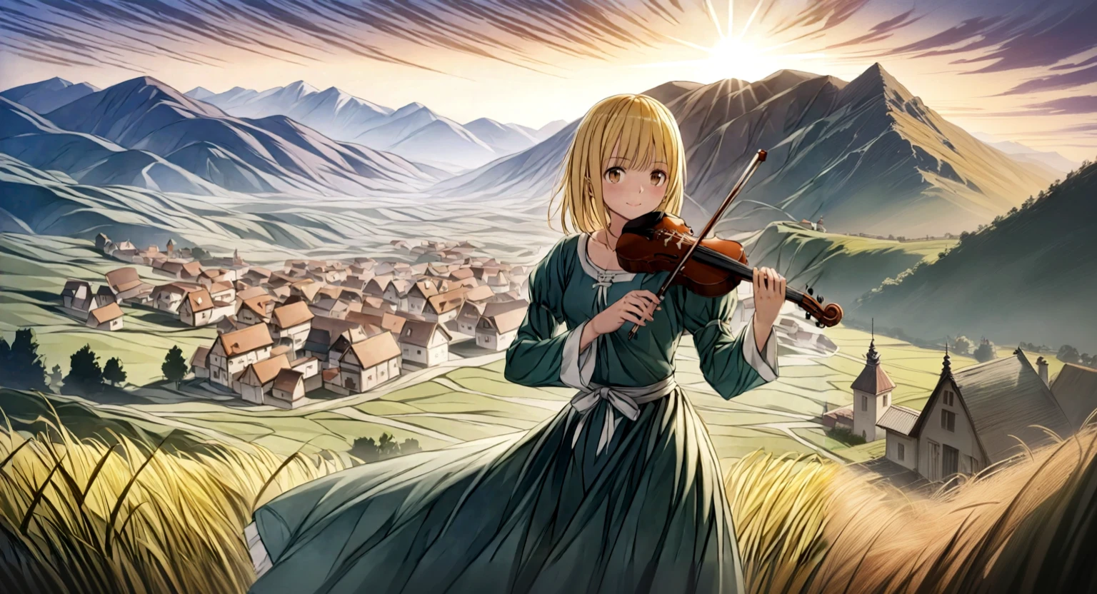 Anime girl playing the violin in a field with a village in the background, Anime countryside landscape, Anime Style 4k, change, Violet Evergarden, From desire, Background town, (Fantasy Violin), koto no ha no niwa, arte koto no ha no niwa, Beautiful Anime, From Attack on Titan, Beautiful Anime artwork, Official Art