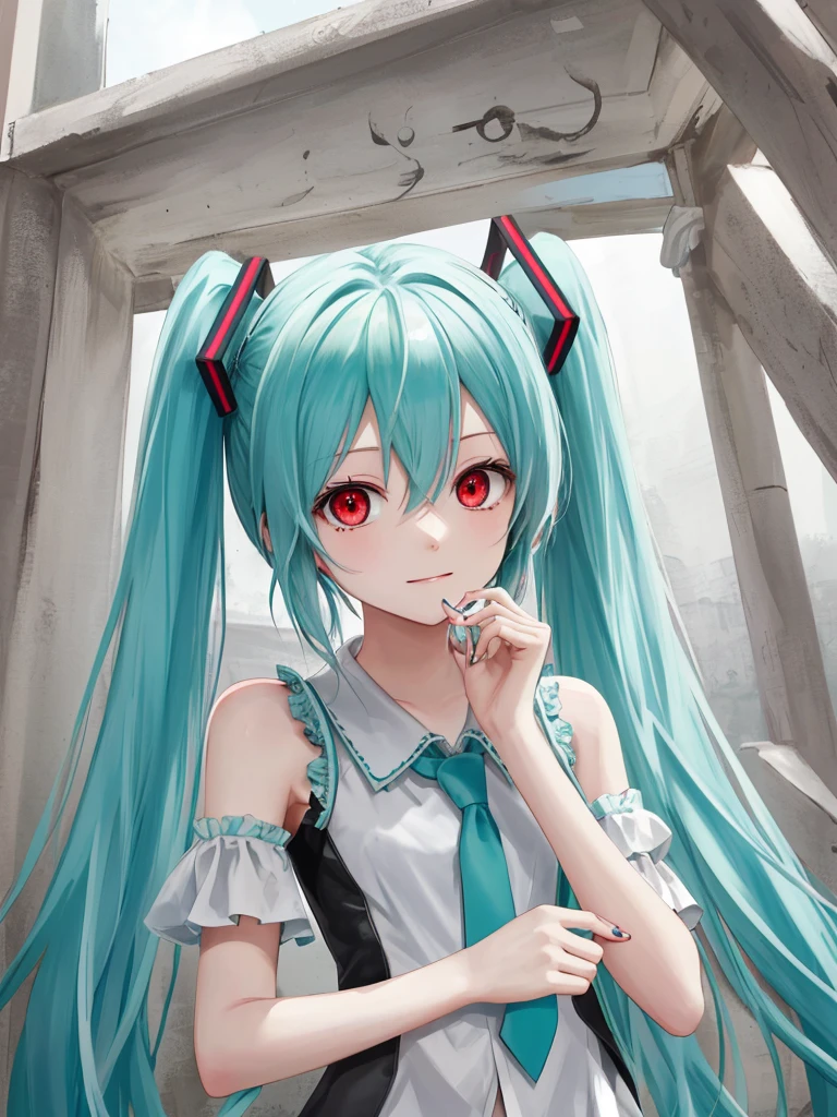 hatsune miku, red eyes, white hair