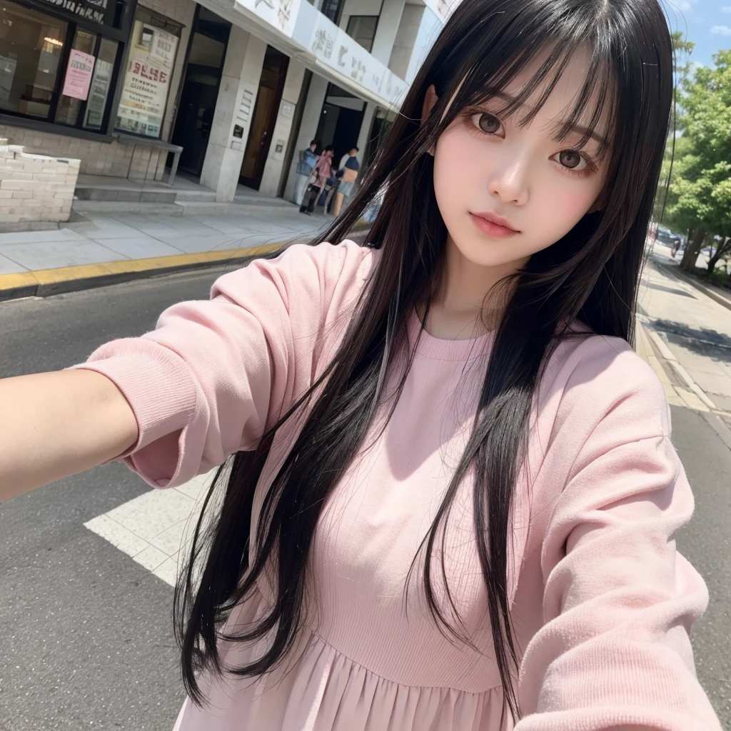 Selfie　Long Black Hair　With bangs　Pale pink clothes