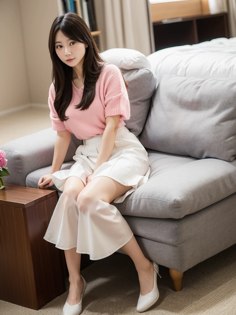 White Room、Coral mid-length skirt、Blouses that show underwear、(Highest quality)、((Very detailed))、4K、(8K)、masterpiece、Very detailedな、Highest quality、Super Resolution、1 person、Kind Face、Soft Light、RAW quality、Soft Skin、163cm