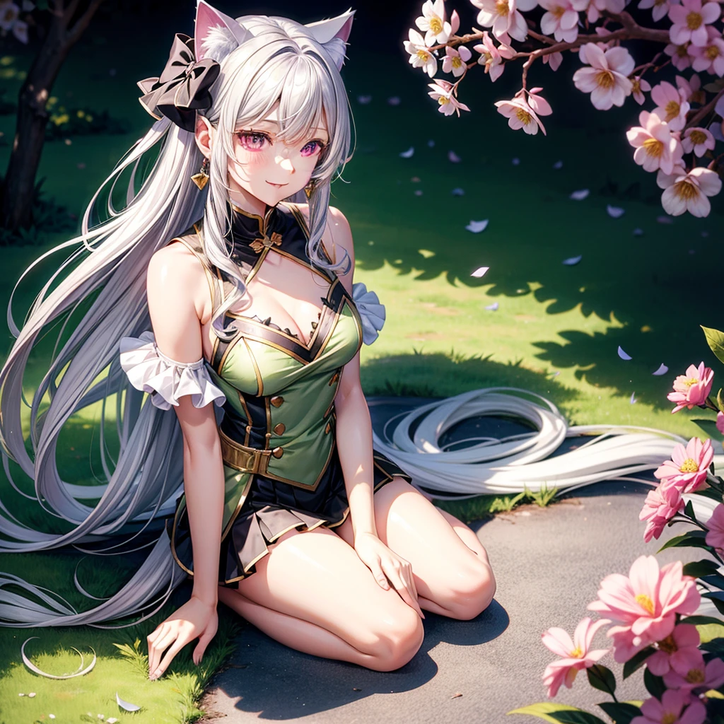 Silver hair, pink eyes, body, cat ears, sexy girl, earrings, flower sky background, green gold uniform, hair bows, lay down, happy face, full body